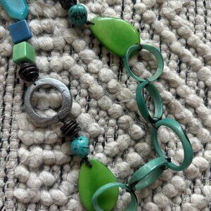 Handmade necklace in greens and blues